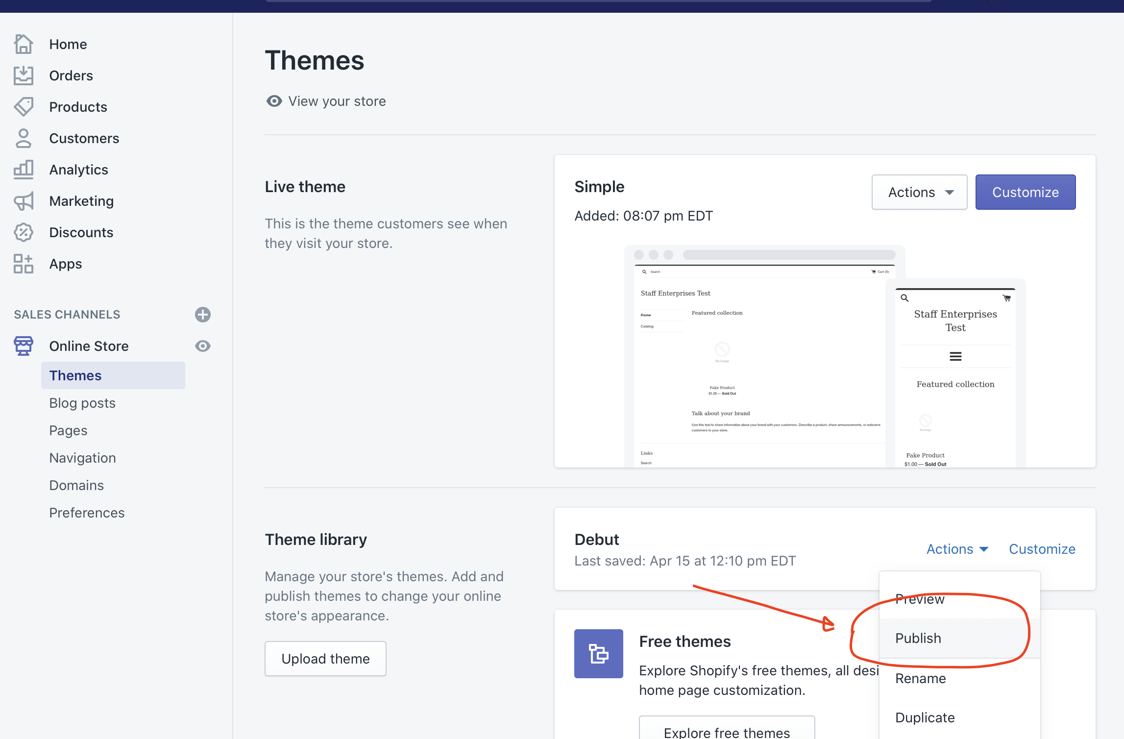 Image of publishing your online store's Shopify theme